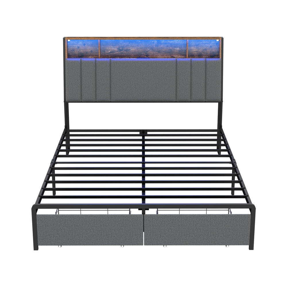Oikiture Bed Frame Double LED Storage Drawer Charging Station Grey Metal