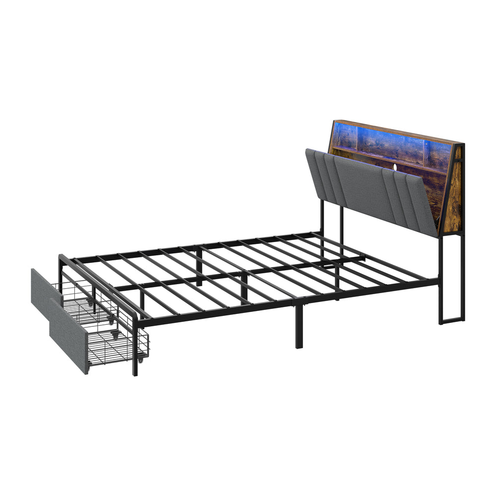 Oikiture Bed Frame Double LED Storage Drawer Charging Station Grey Metal