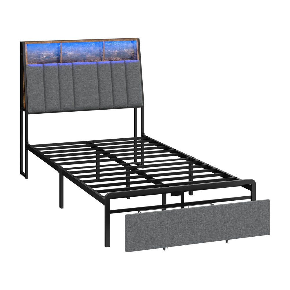 Oikiture Bed Frame King Single LED Storage Drawer Charging Station Grey
