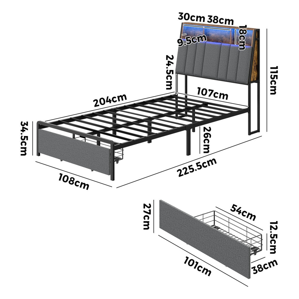 Oikiture Bed Frame King Single LED Storage Drawer Charging Station Grey
