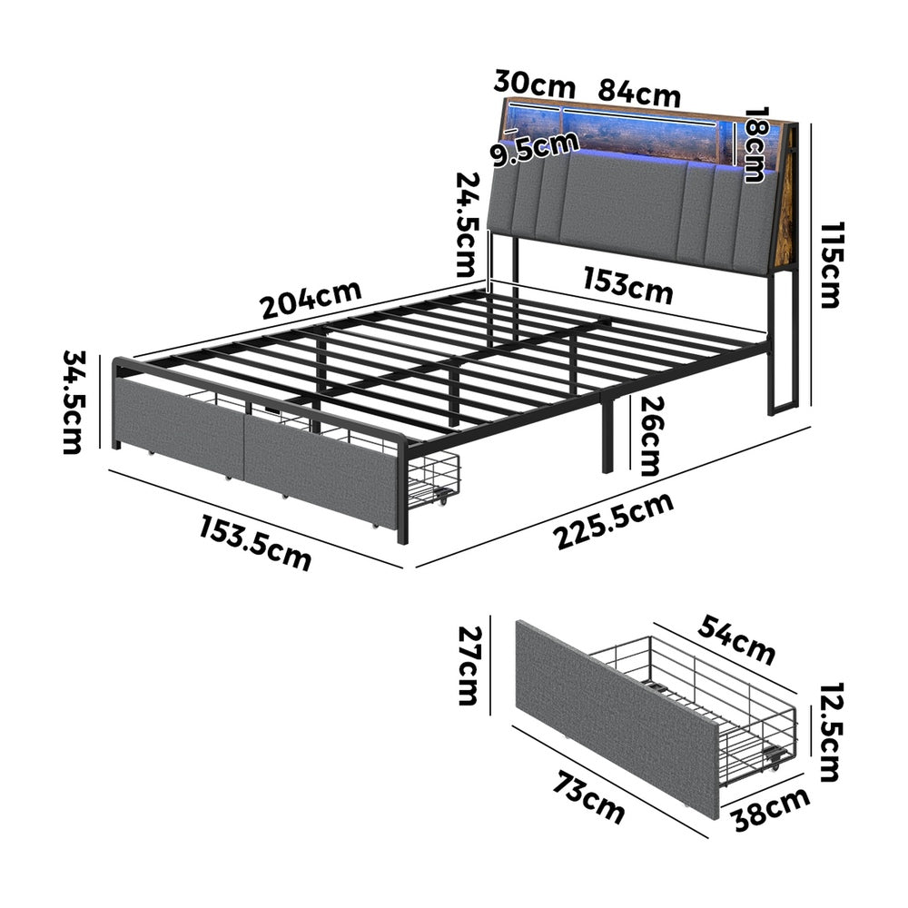 Oikiture Bed Frame Queen LED Storage Drawer Charging Station Grey Metal
