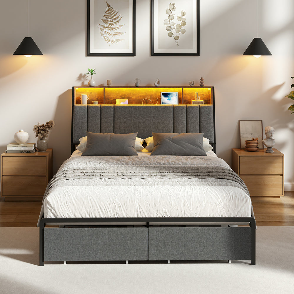 Oikiture Bed Frame Queen LED Storage Drawer Charging Station Grey Metal