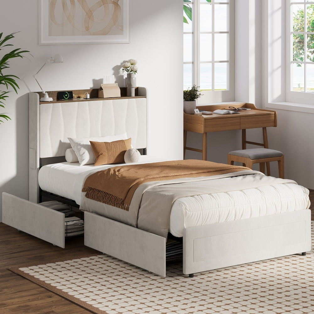 King Single Bed Frame 4 Drawers Charging Station Beige