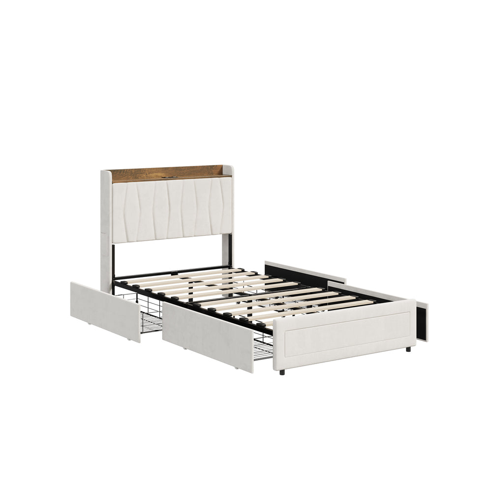 King Single Bed Frame 4 Drawers Charging Station Beige