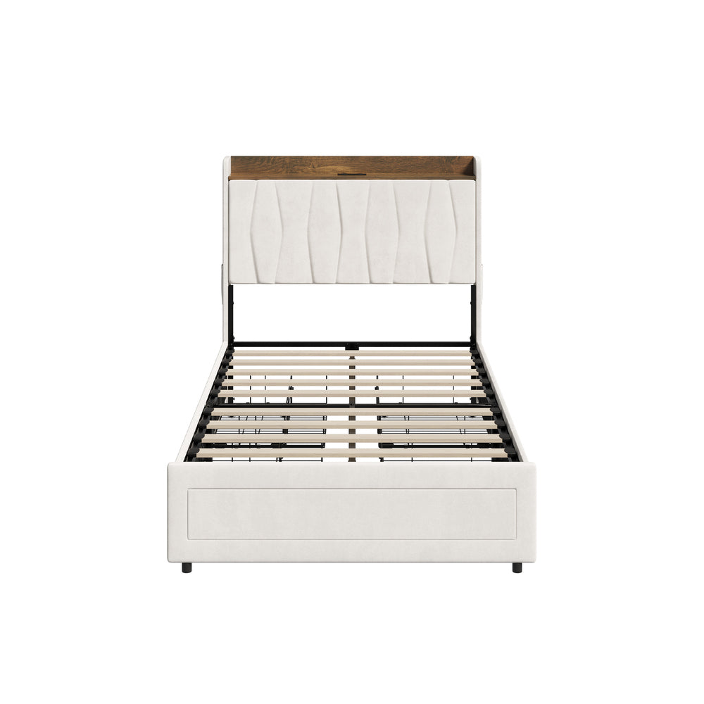 King Single Bed Frame 4 Drawers Charging Station Beige