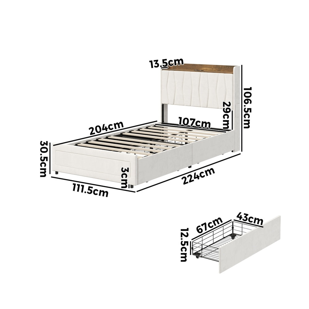 King Single Bed Frame 4 Drawers Charging Station Beige