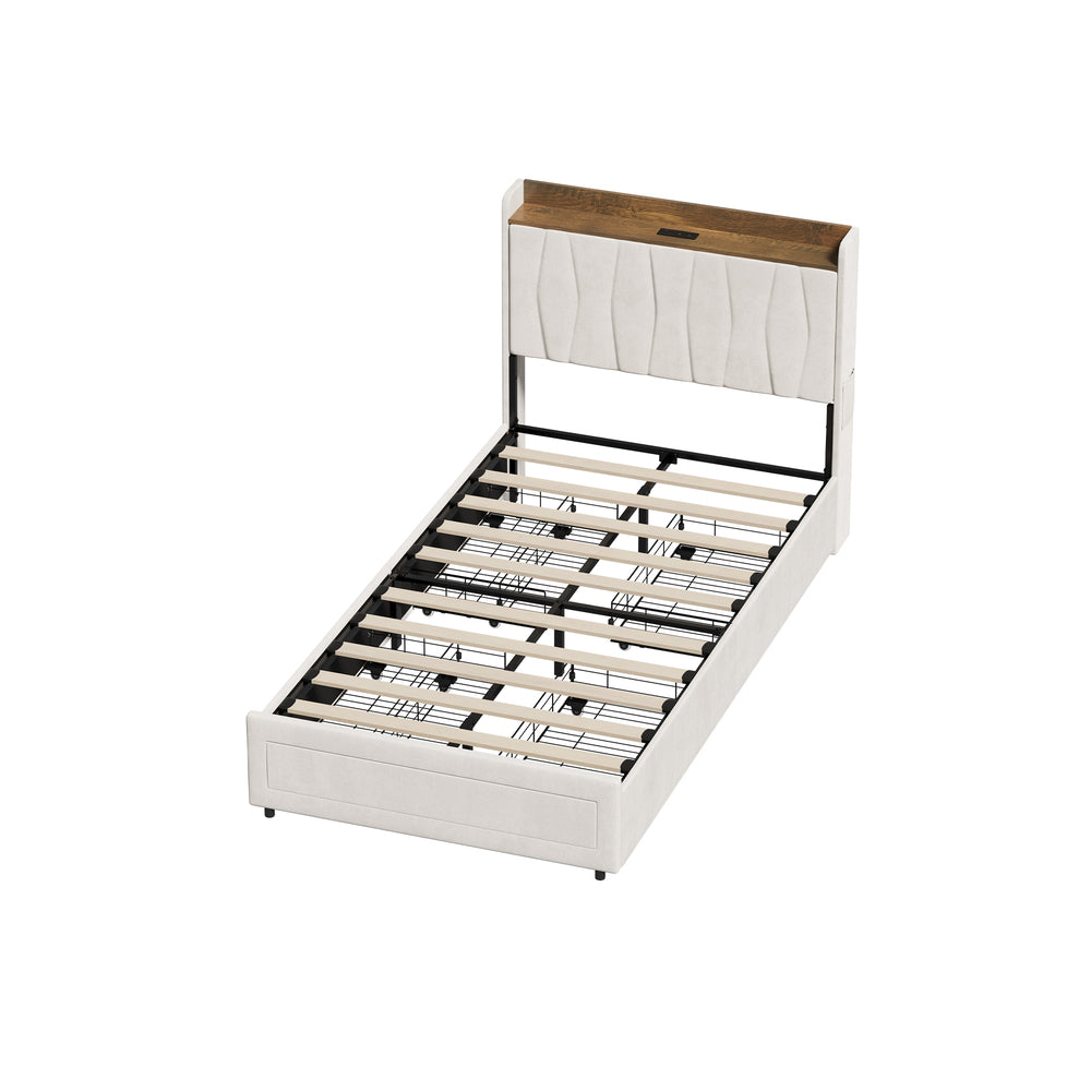 King Single Bed Frame 4 Drawers Charging Station Beige