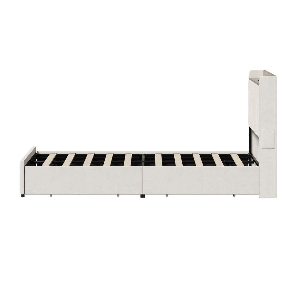 King Single Bed Frame 4 Drawers Charging Station Beige