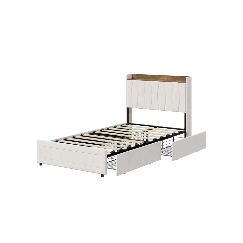 King Single Bed Frame 4 Drawers Charging Station Beige