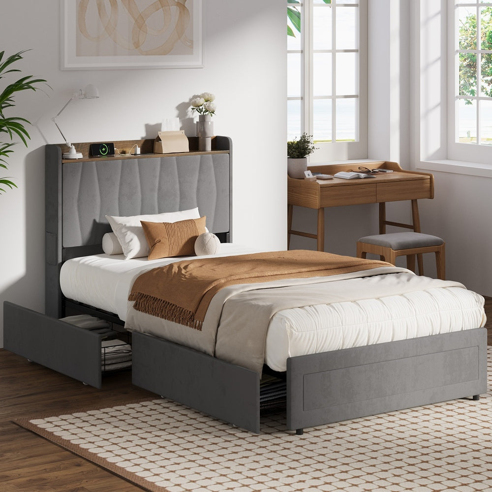 King Single Bed Frame with 4 Drawers Charging Ports Grey