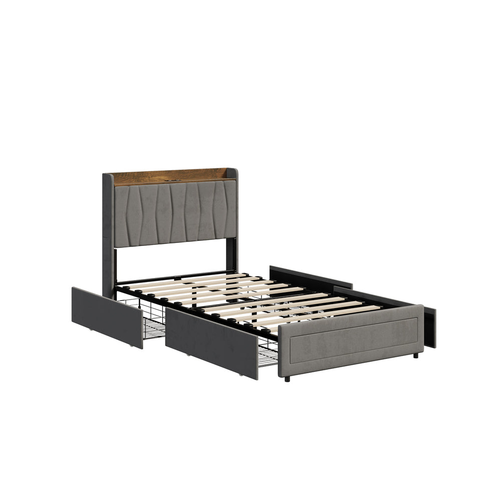 King Single Bed Frame with 4 Drawers Charging Ports Grey
