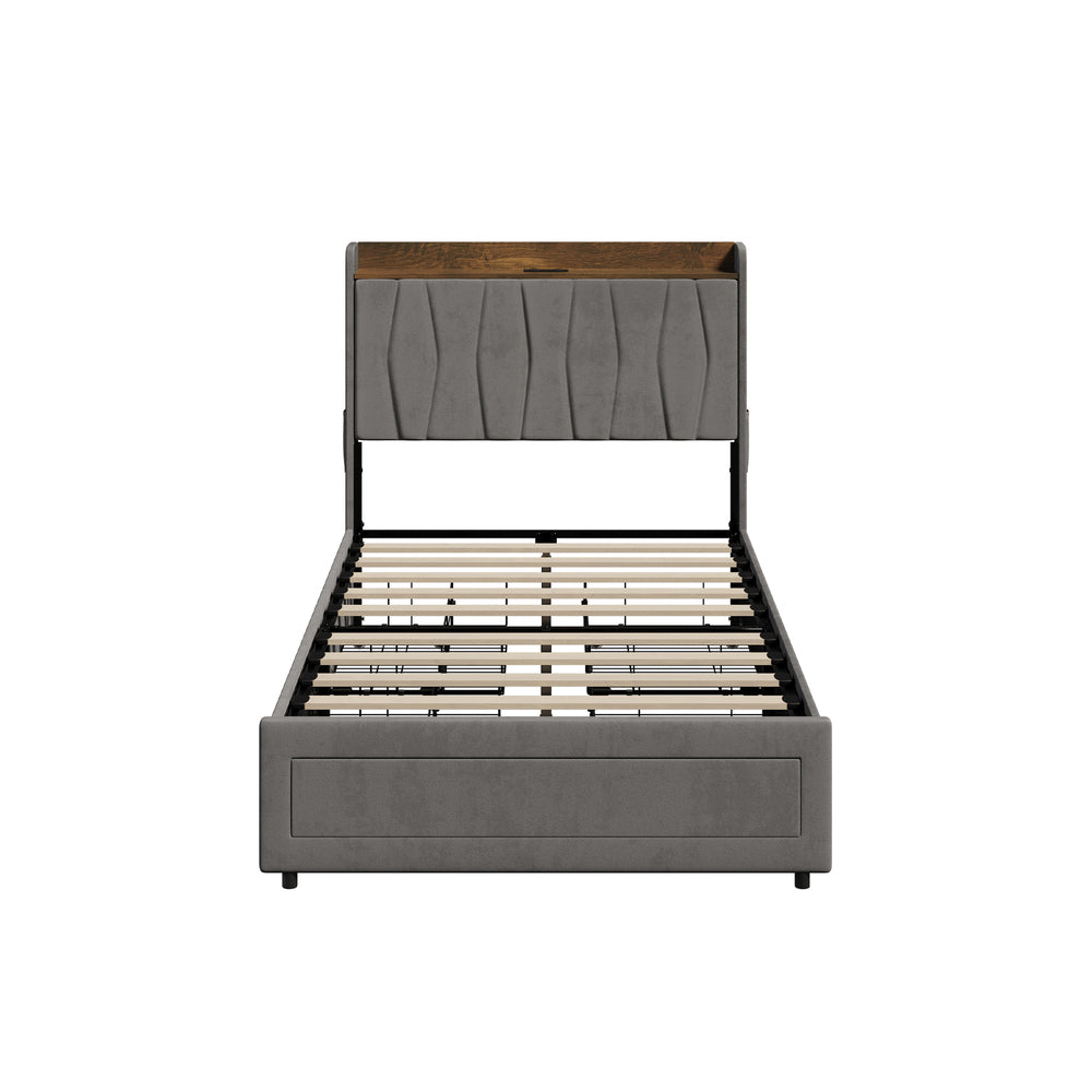 King Single Bed Frame with 4 Drawers Charging Ports Grey