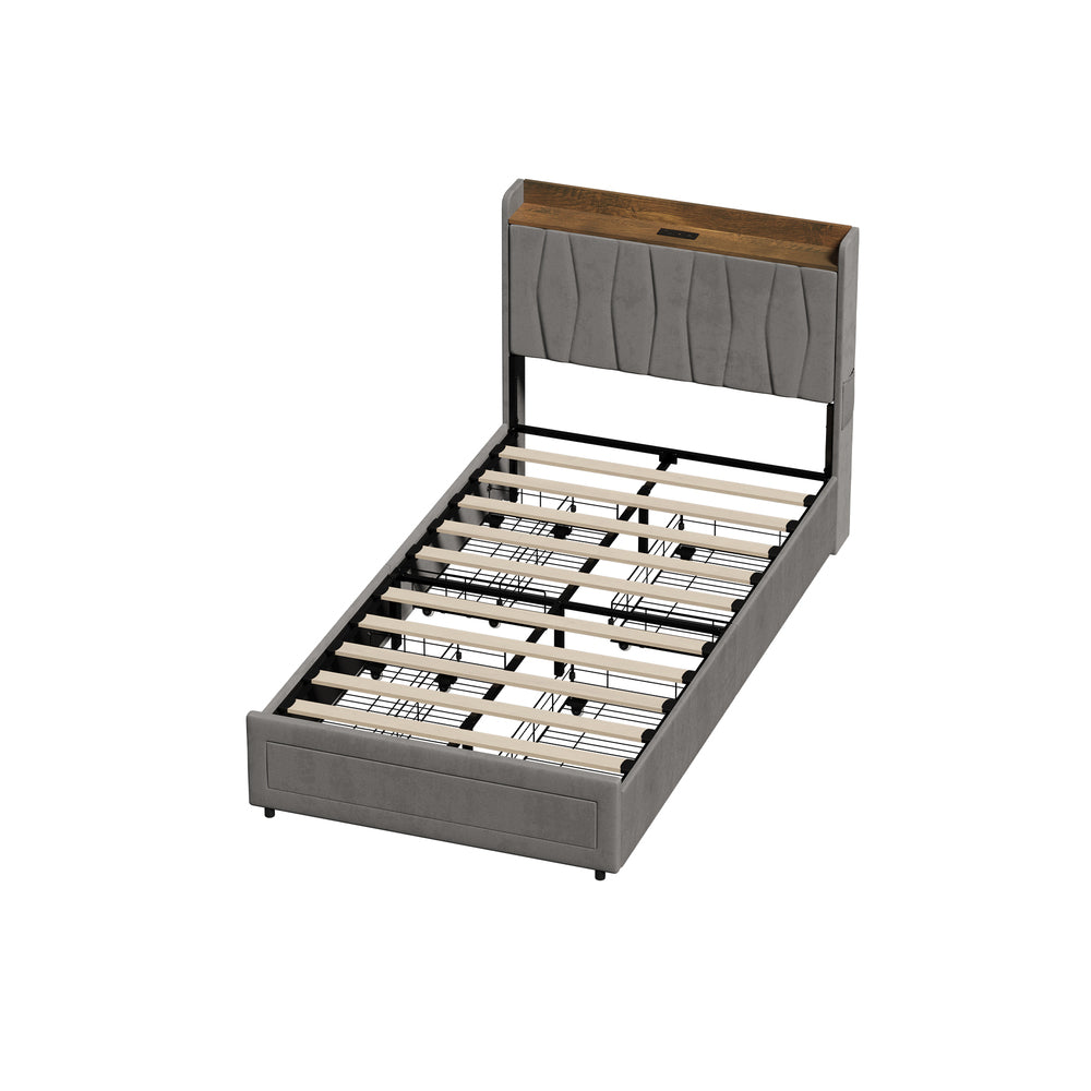 King Single Bed Frame with 4 Drawers Charging Ports Grey