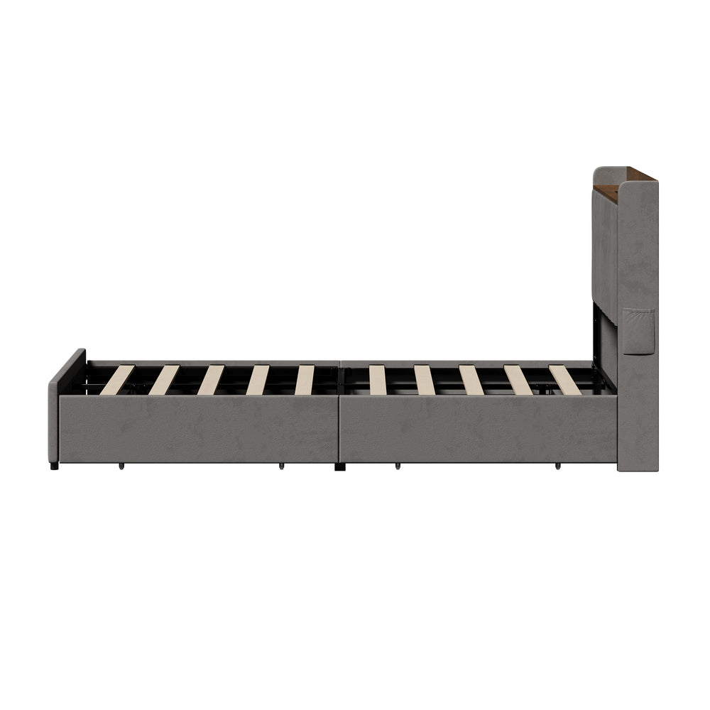 King Single Bed Frame with 4 Drawers Charging Ports Grey