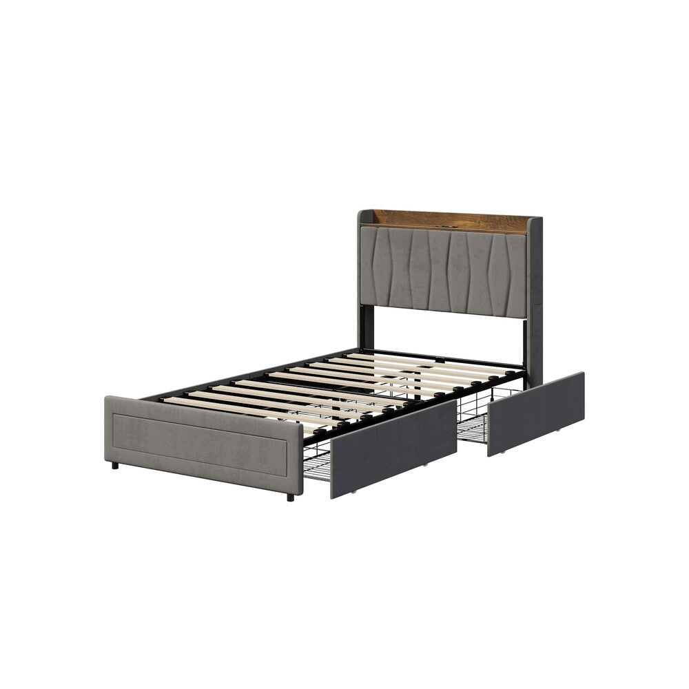 King Single Bed Frame with 4 Drawers Charging Ports Grey