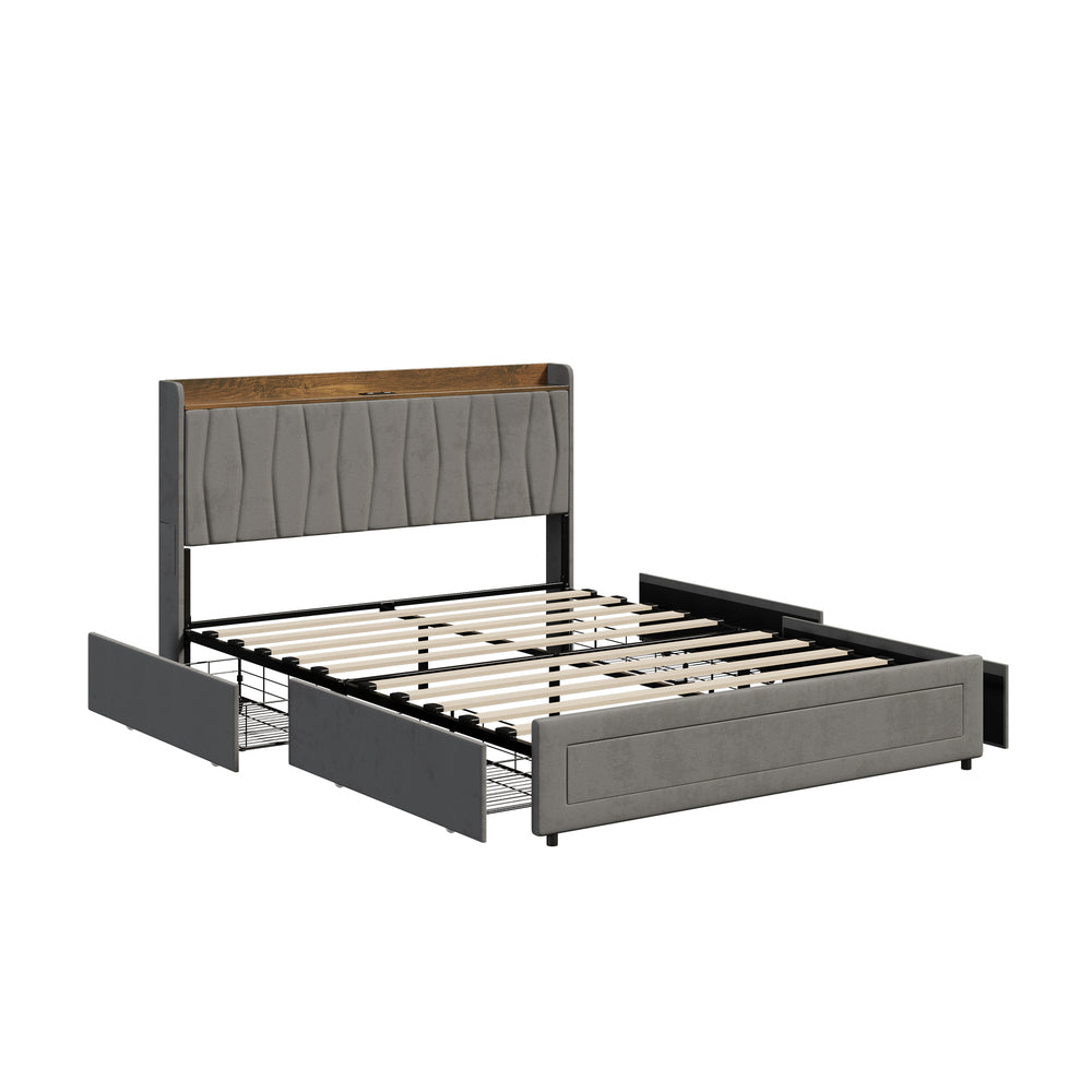 Queen Bed Frame with 4 Drawers & Charging Port Grey
