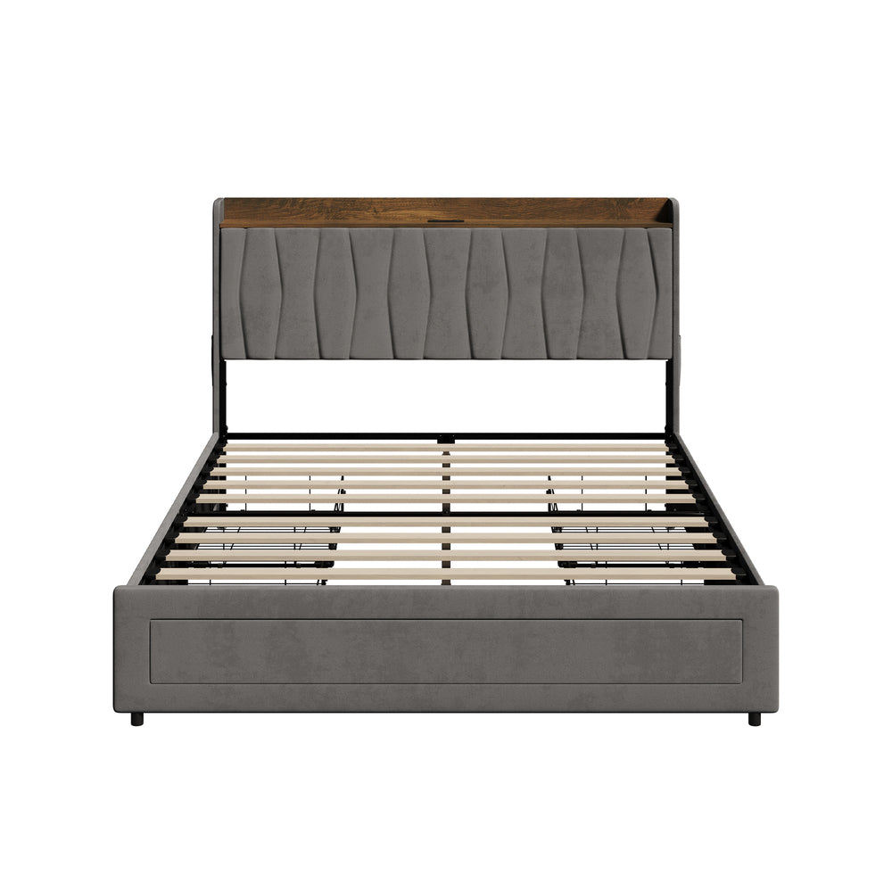 Queen Bed Frame with 4 Drawers & Charging Port Grey