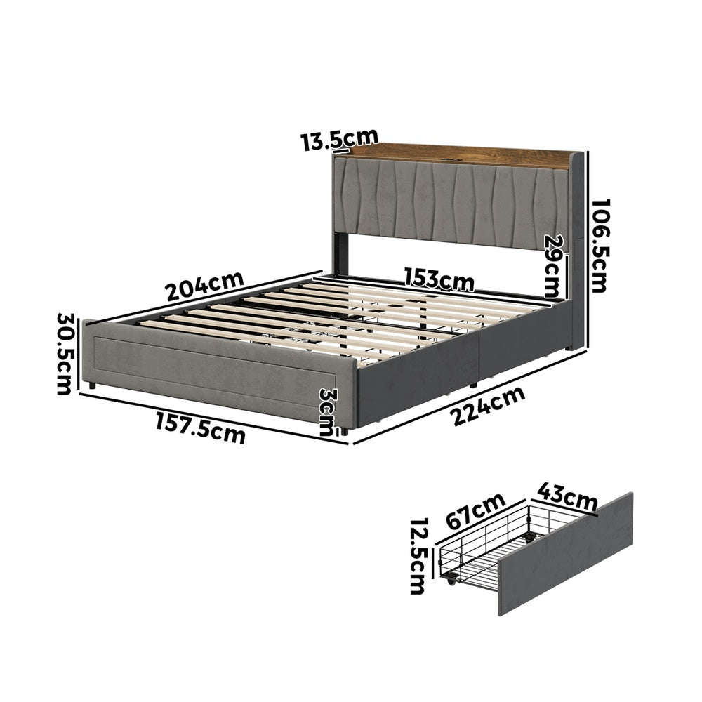 Queen Bed Frame with 4 Drawers & Charging Port Grey