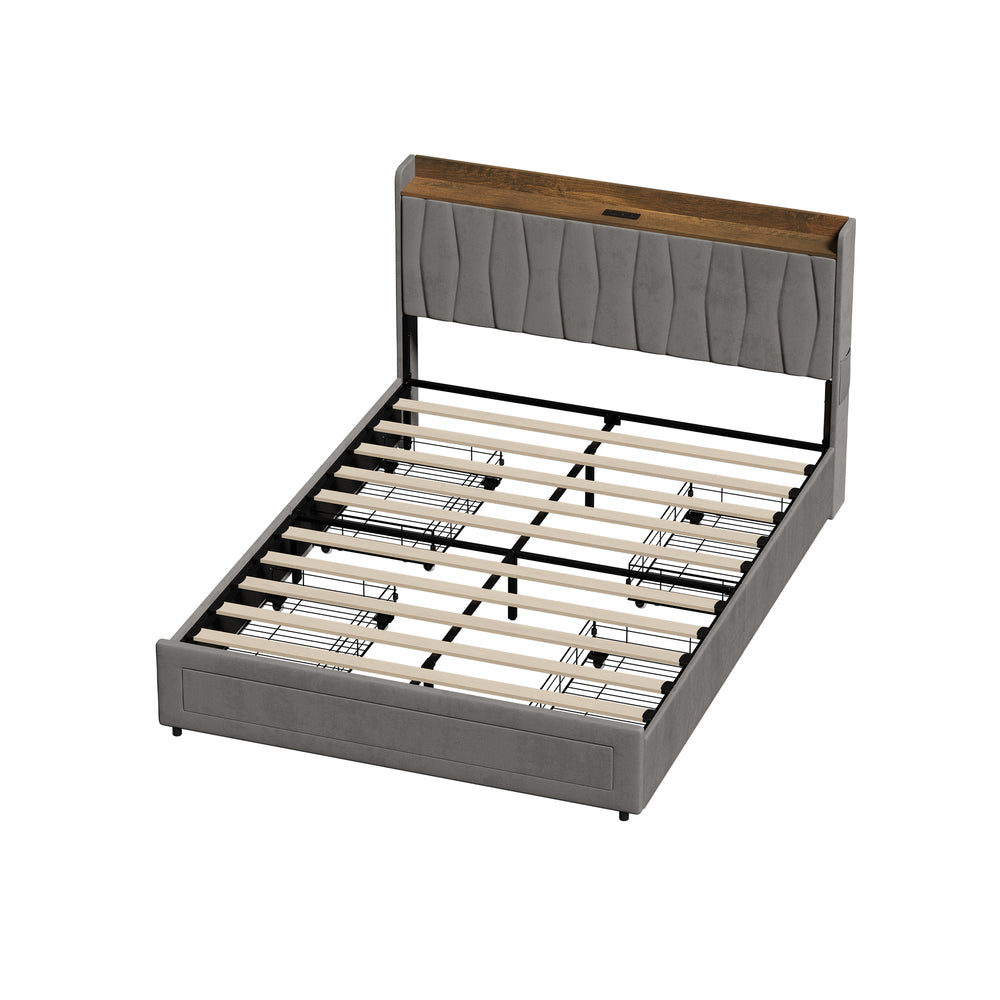 Queen Bed Frame with 4 Drawers & Charging Port Grey