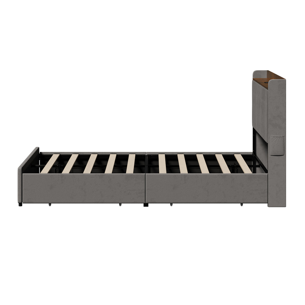 Queen Bed Frame with 4 Drawers & Charging Port Grey