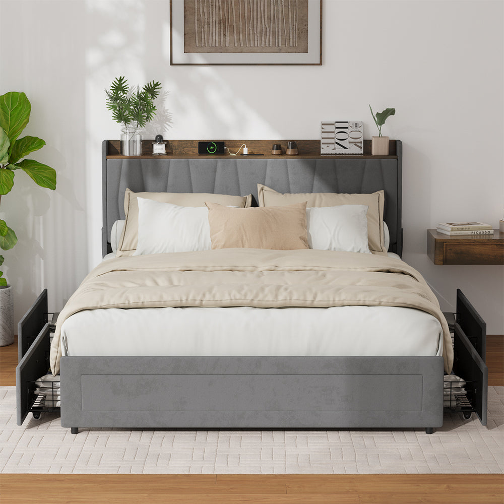 Queen Bed Frame with 4 Drawers & Charging Port Grey