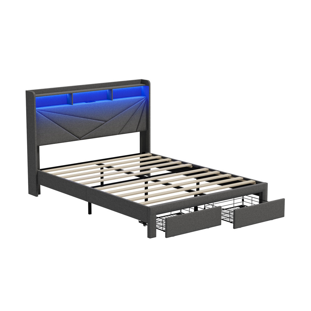 Oikiture Double Bed Frame LED Headboard With USB Charging & Drawers