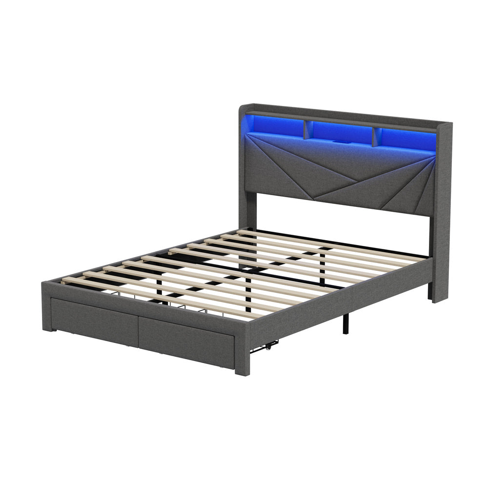Oikiture Double Bed Frame LED Headboard With USB Charging & Drawers