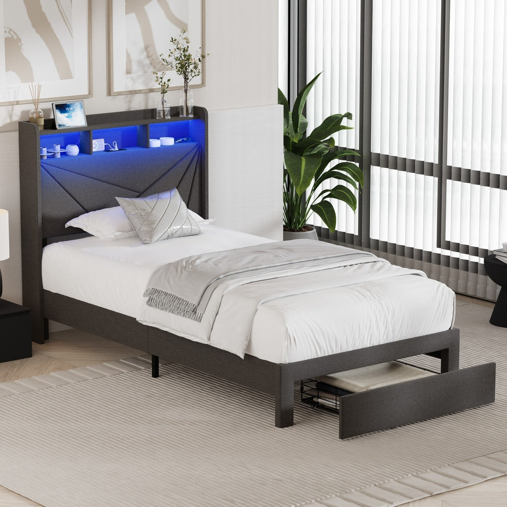 Oikiture King Single Bed Frame – LED Headboard w/ USB/AC Charging & Drawers (Grey)