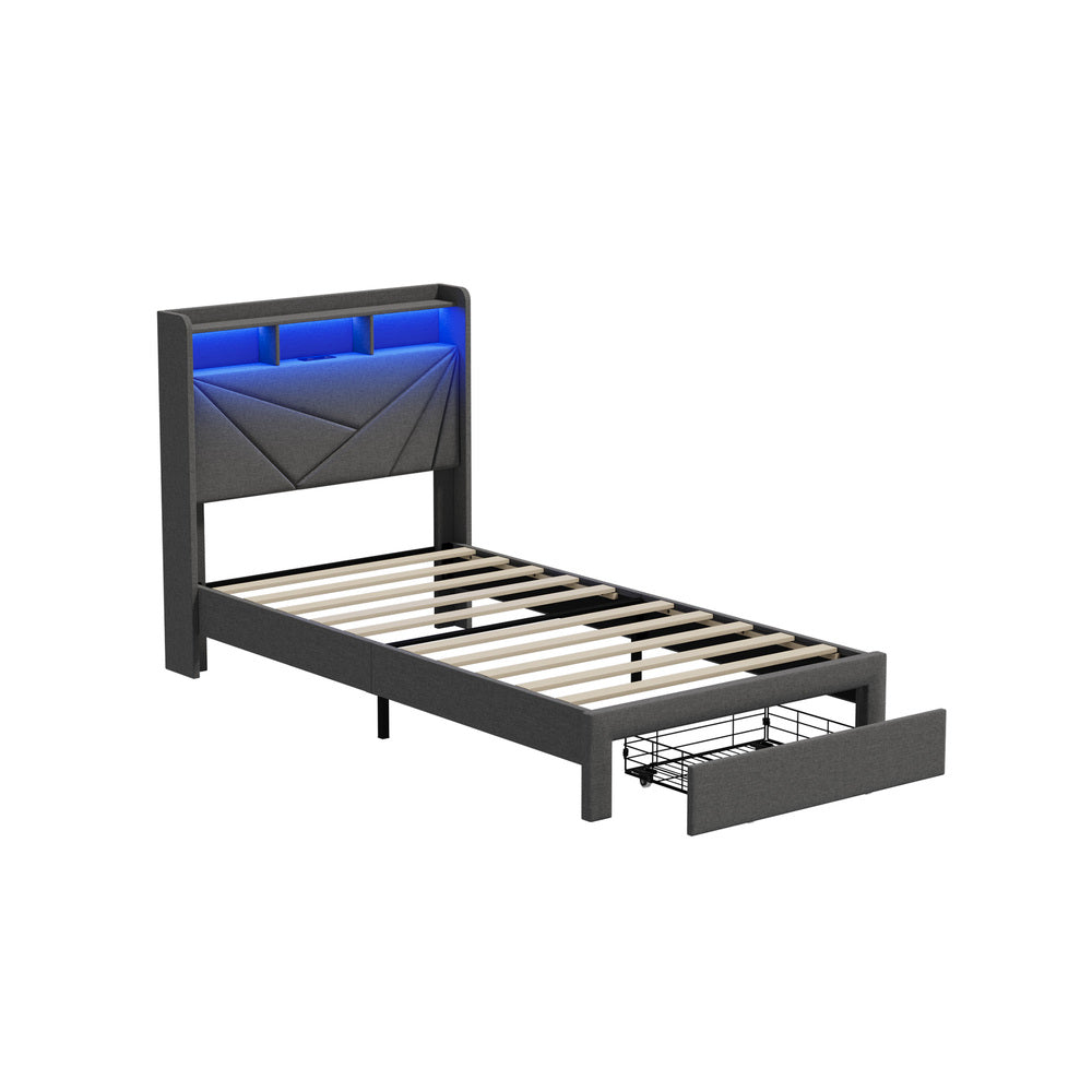 Oikiture King Single Bed Frame – LED Headboard w/ USB/AC Charging & Drawers (Grey)