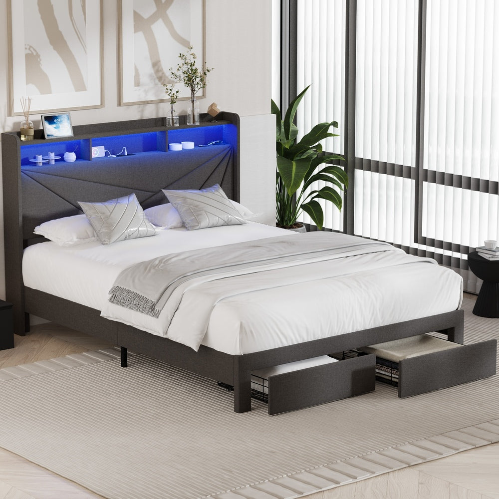 Oikiture Queen Bed Frame – LED Headboard w/ USB/AC Charging & Storage Drawers (Grey)
