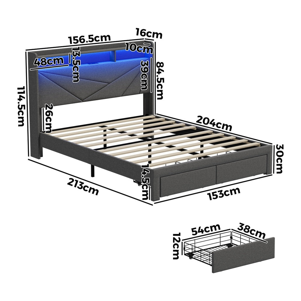 Oikiture Queen Bed Frame – LED Headboard w/ USB/AC Charging & Storage Drawers (Grey)