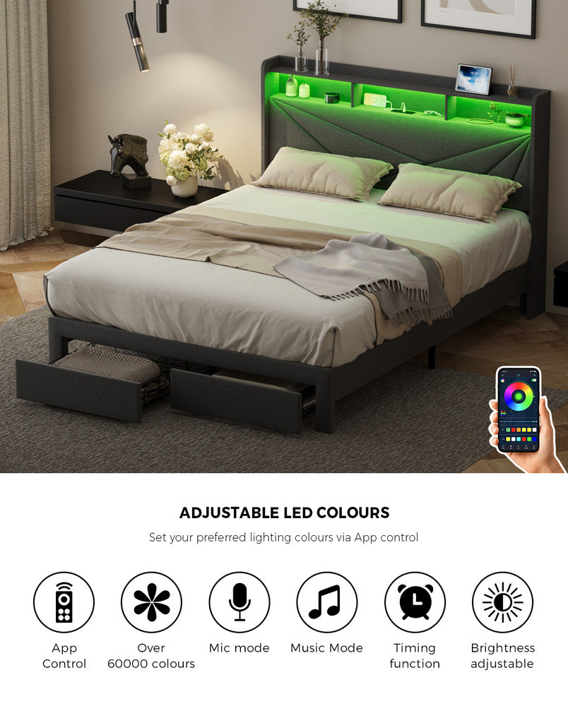 Oikiture Queen Bed Frame – LED Headboard w/ USB/AC Charging & Storage Drawers (Grey)
