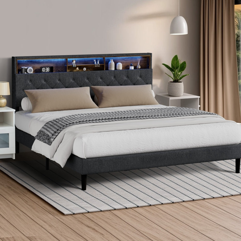 Bed Frame with LED Storage Bedhead King Size NOVI