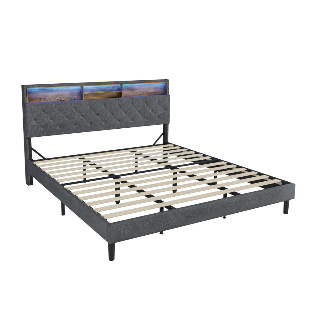 Oikiture Bed Frame with LED Storage Bedhead King Size NOVI