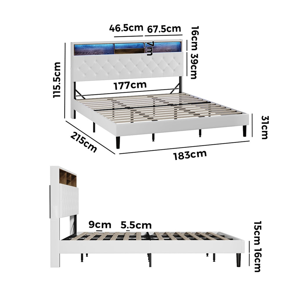 Oikiture Bed Frame King Size with LED Storage Bedhead White