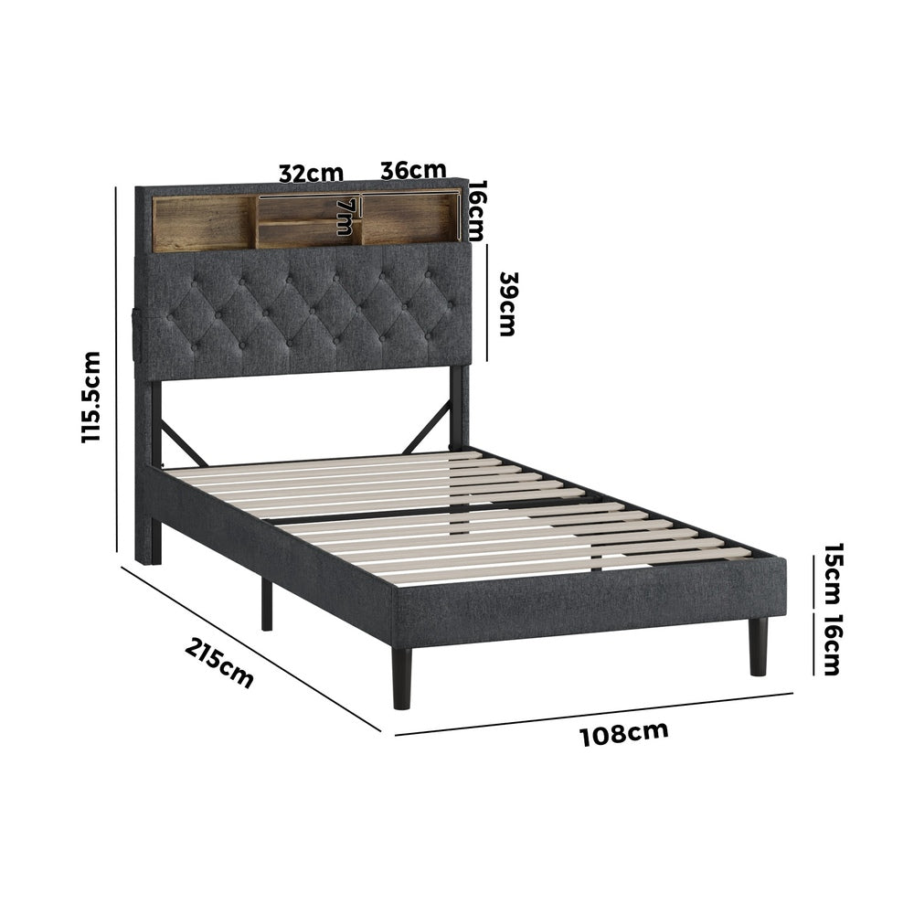 Oikiture Bed Frame with LED Storage Bedhead King Single Size NOVI