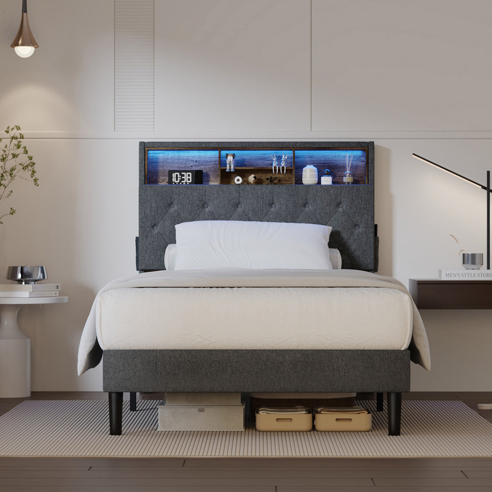 Bed Frame with LED Storage Bedhead King Single Size NOVI