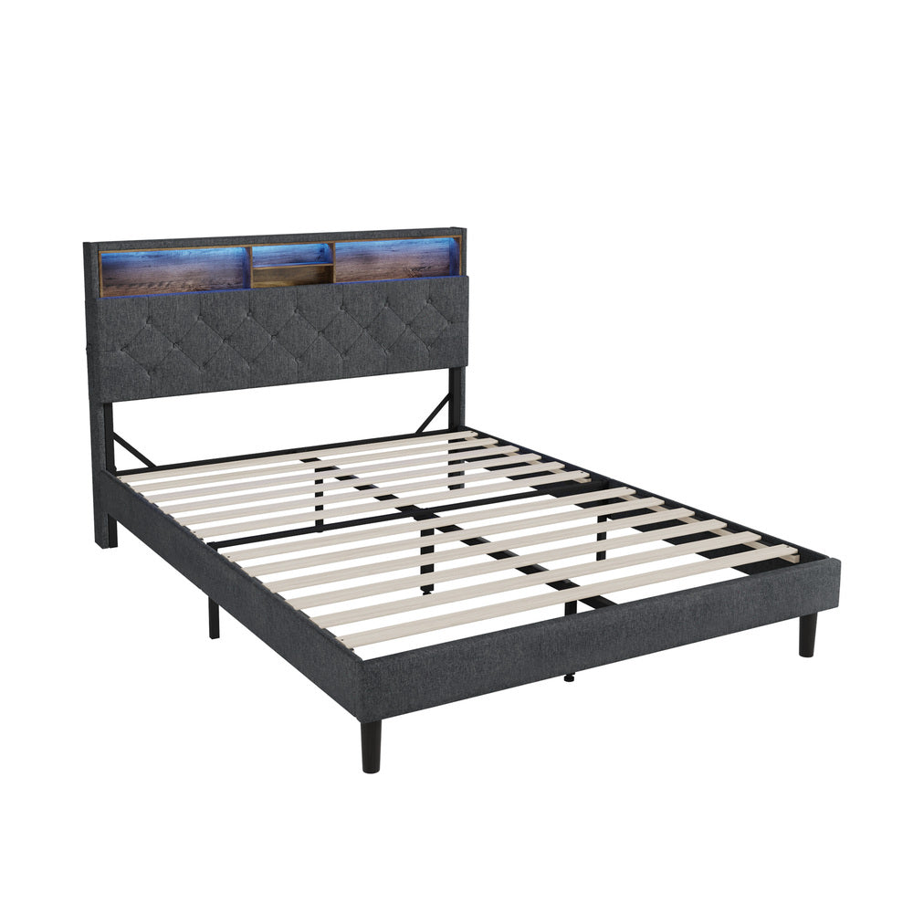 Oikiture Bed Frame with LED Storage Bedhead Queen Size NOVI