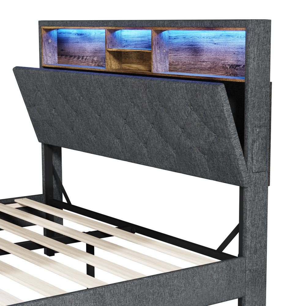 Oikiture Bed Frame with LED Storage Bedhead Queen Size NOVI