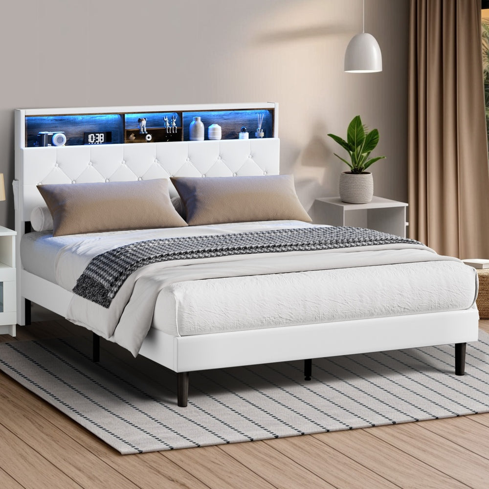 Oikiture Bed Frame Queen Size with LED Storage Bedhead White