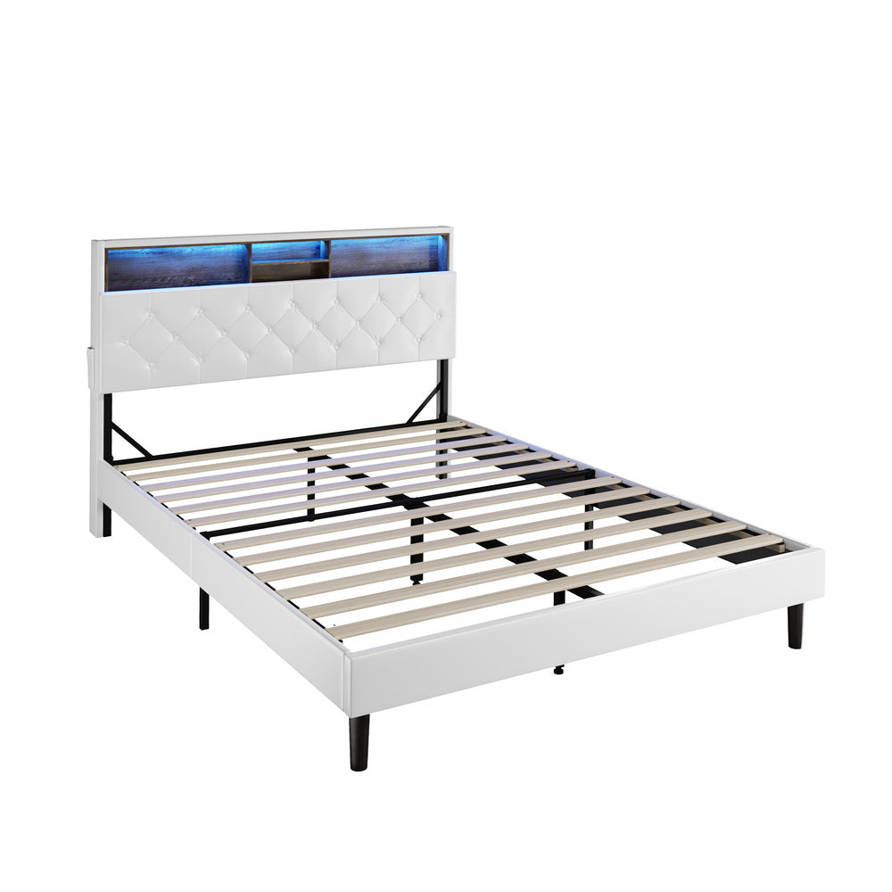 Oikiture Bed Frame Queen Size with LED Storage Bedhead White