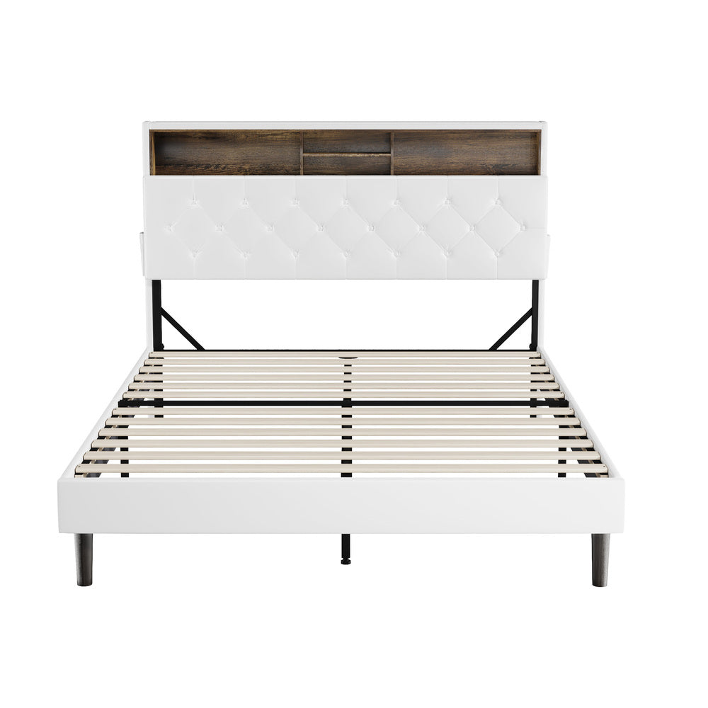 Oikiture Bed Frame Queen Size with LED Storage Bedhead White