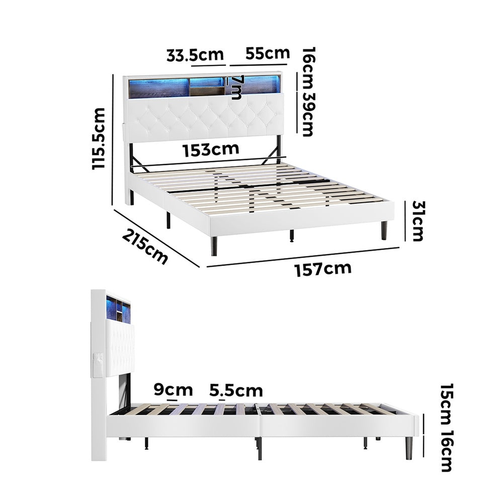 Oikiture Bed Frame Queen Size with LED Storage Bedhead White