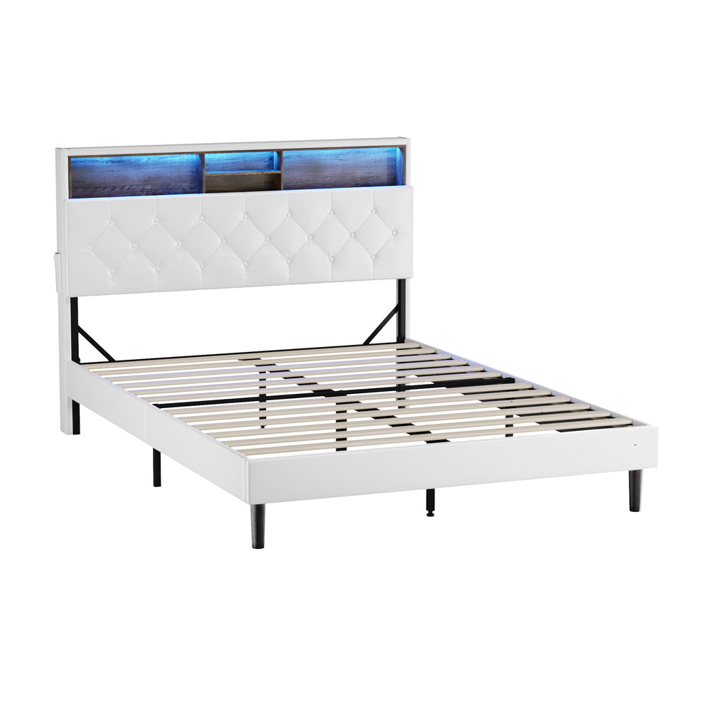 Oikiture Bed Frame Queen Size with LED Storage Bedhead White