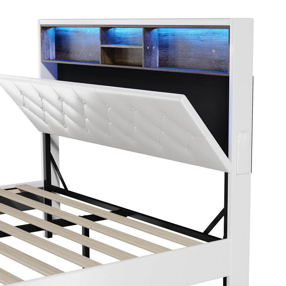 Oikiture Bed Frame Queen Size with LED Storage Bedhead White