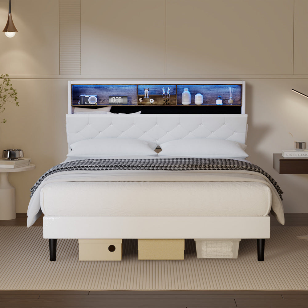 Oikiture Bed Frame Queen Size with LED Storage Bedhead White