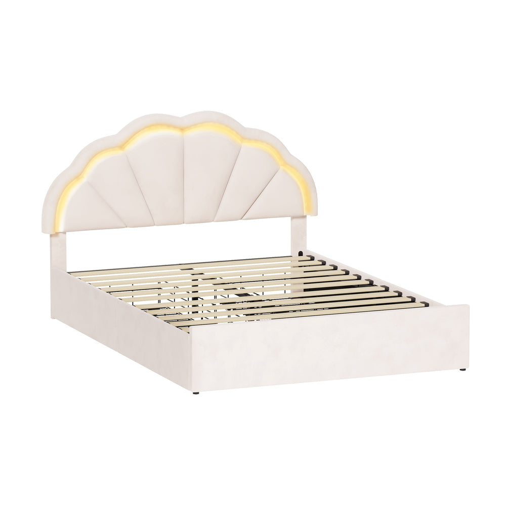 Double Size Bed Frame LED Headboard with Drawers Beige