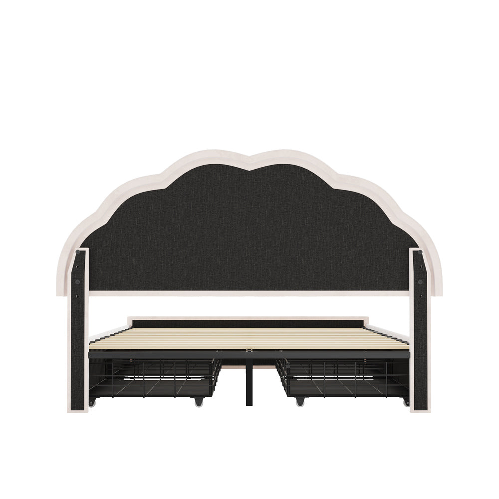 Double Size Bed Frame LED Headboard with Drawers Beige