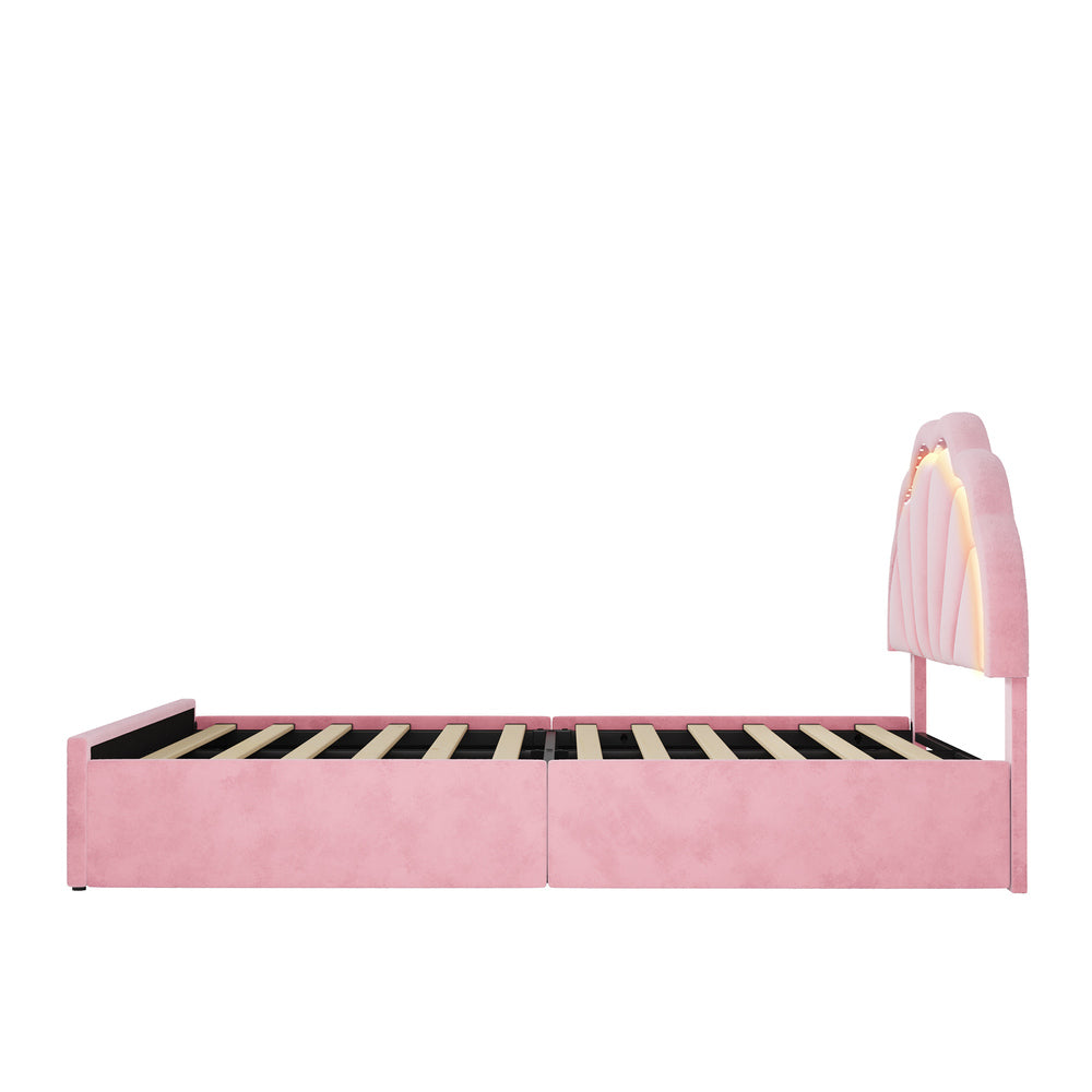 Oikiture Double Size Bed Frame LED Headboard with Drawers Velvet Pink