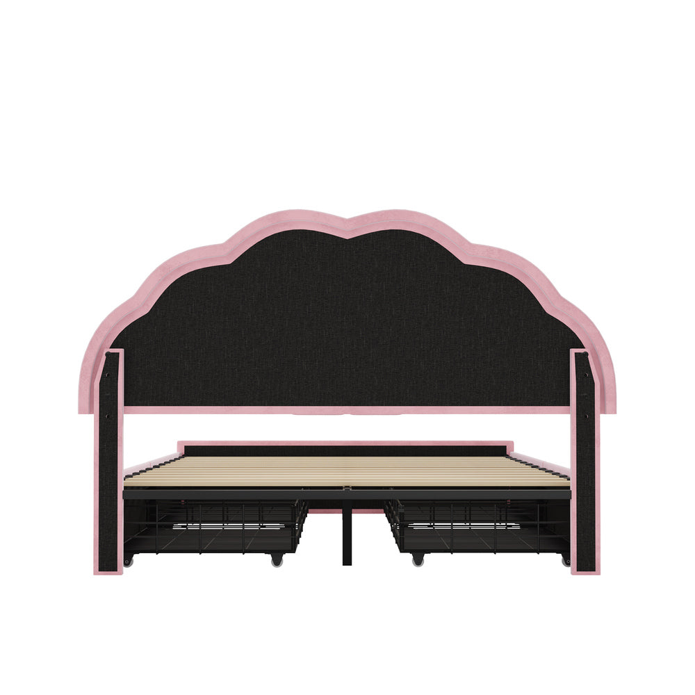 Oikiture Double Size Bed Frame LED Headboard with Drawers Velvet Pink